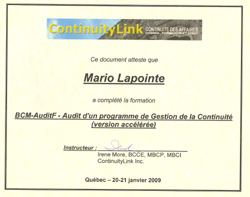 Audit programme gestion de la continuité 2009