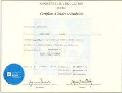 Certificat étude secondaire Collège de Lévis
