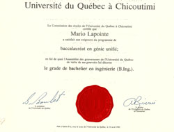 Diplôme ingénieur univsersité du Québec à Chicoutimi